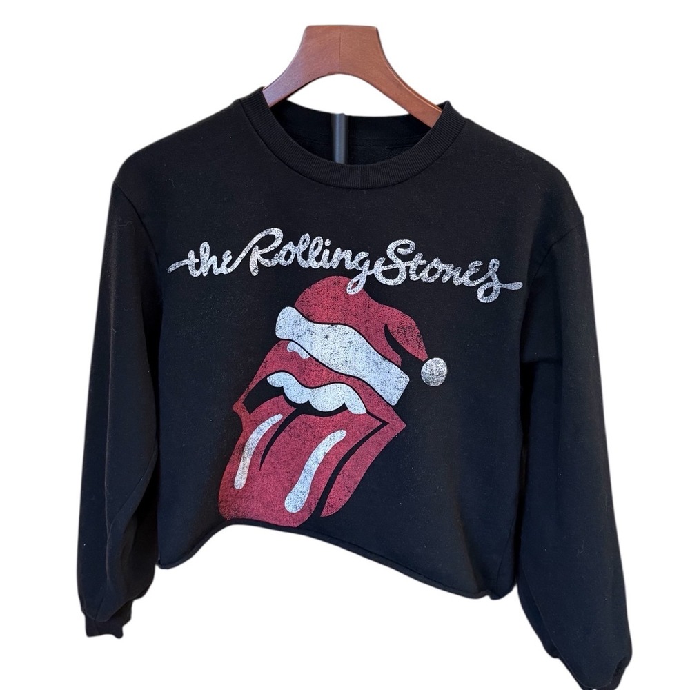 Sassy Rolling Stones Christmas Sweatshirt Womens Small Black Santa Cropped Sz S